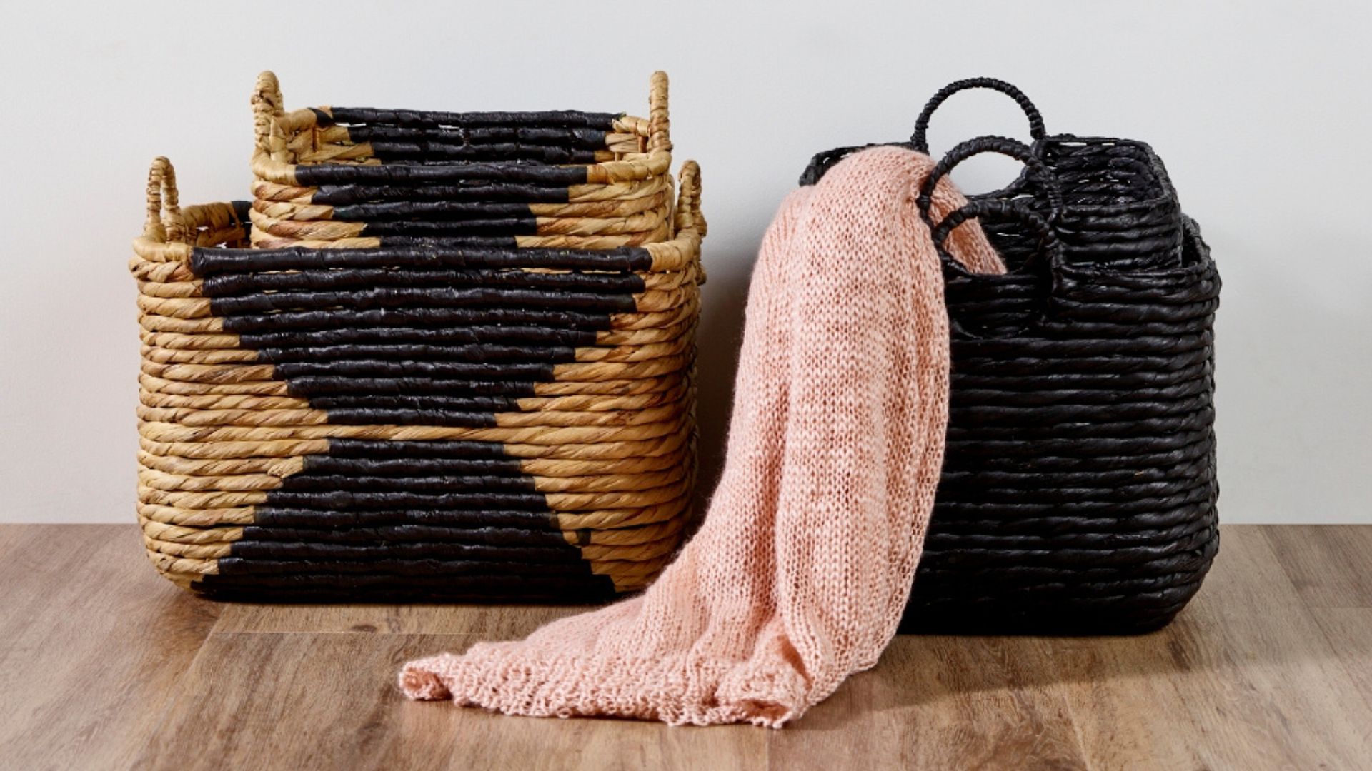 Woven natural baskets with handles