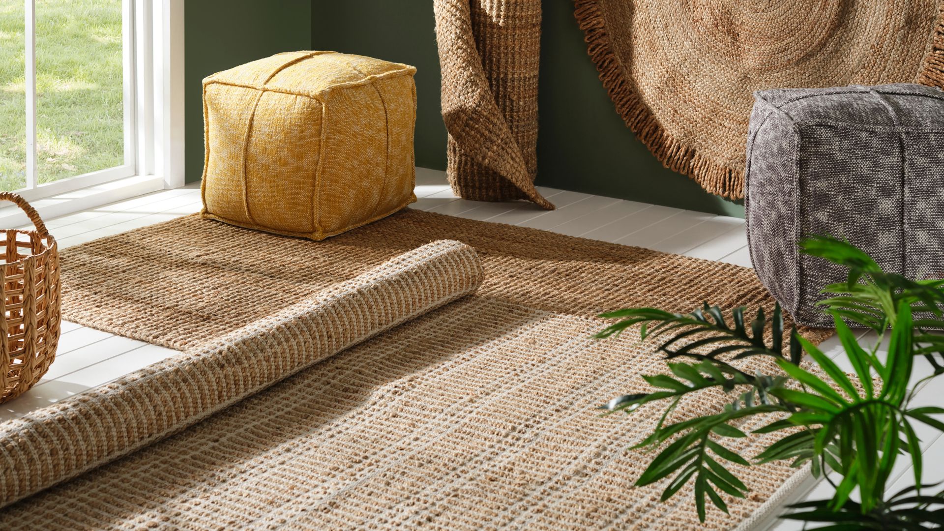 Natural jute rugs and fabric cube ottomans